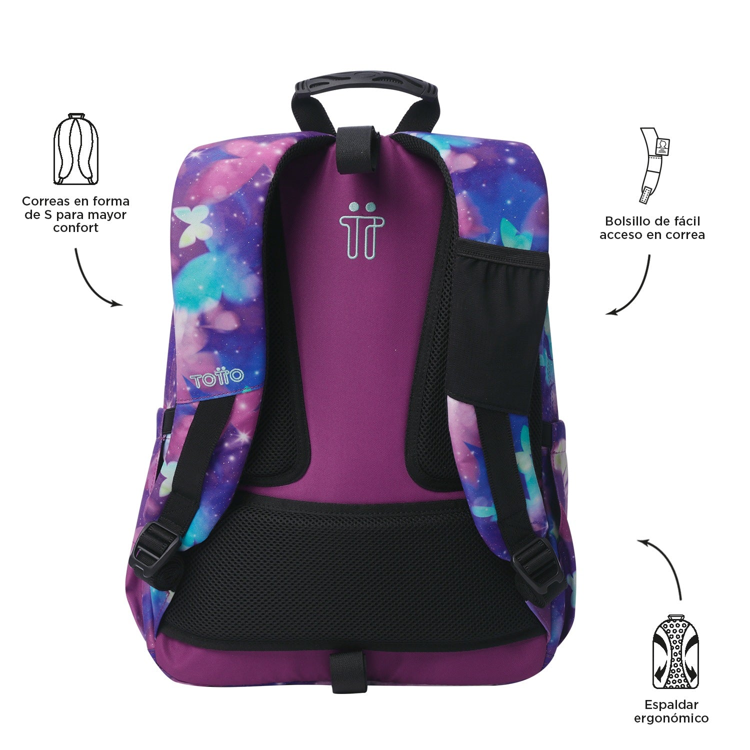 Mochila Escolar TOTTO Mariposas Galaxy - vista trasera con correas ergonómicas