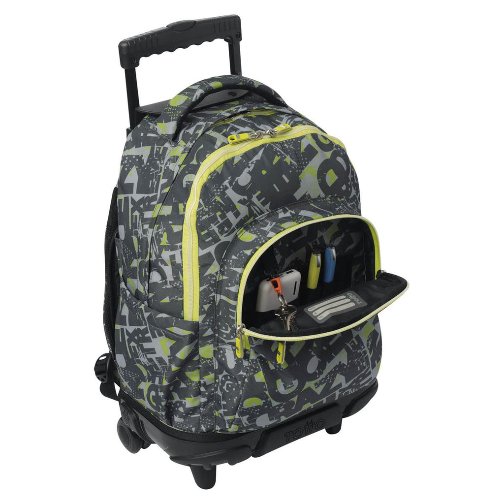 Mochila trolley Totto grafiti verde lima bolsillo frontal abierto
