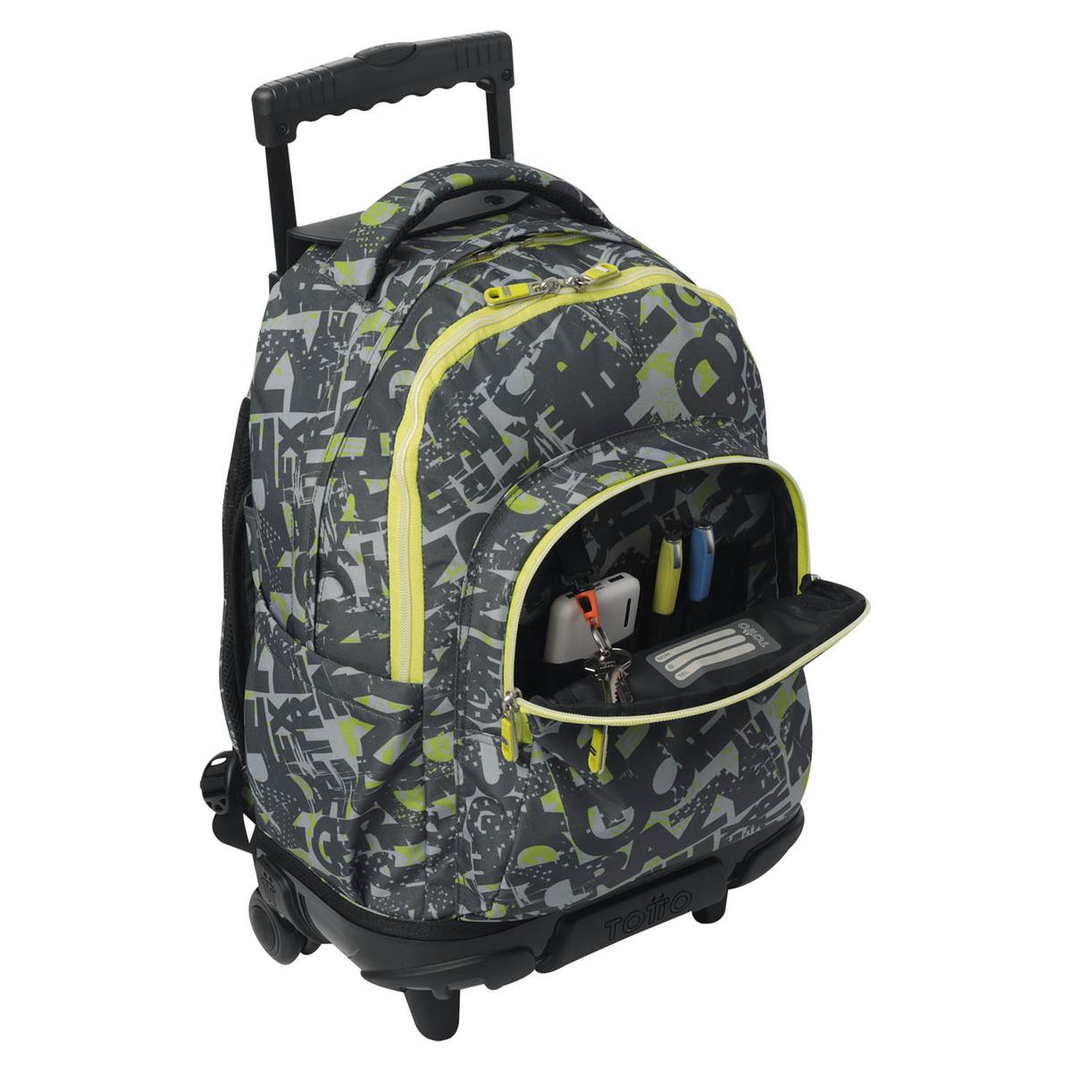 Mochila trolley Totto grafiti verde lima bolsillo frontal abierto
