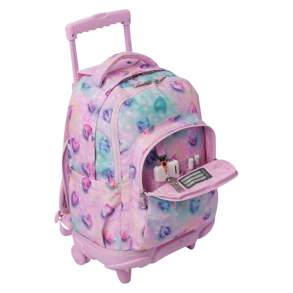 Mochila trolley Totto corazones rosa bolsillo frontal abierto