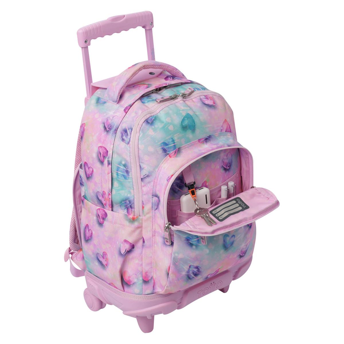 Mochila trolley Totto corazones rosa bolsillo frontal abierto