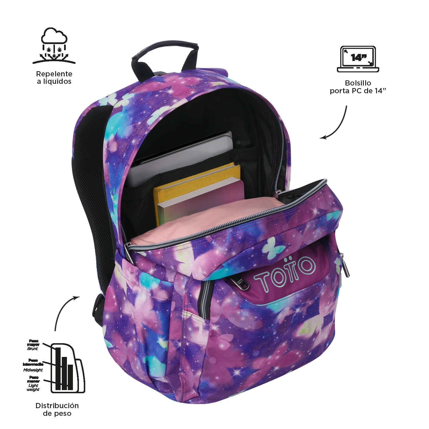 Mochila Escolar TOTTO Mariposas Galaxy - interior abierto con bolsillo porta PC 14"