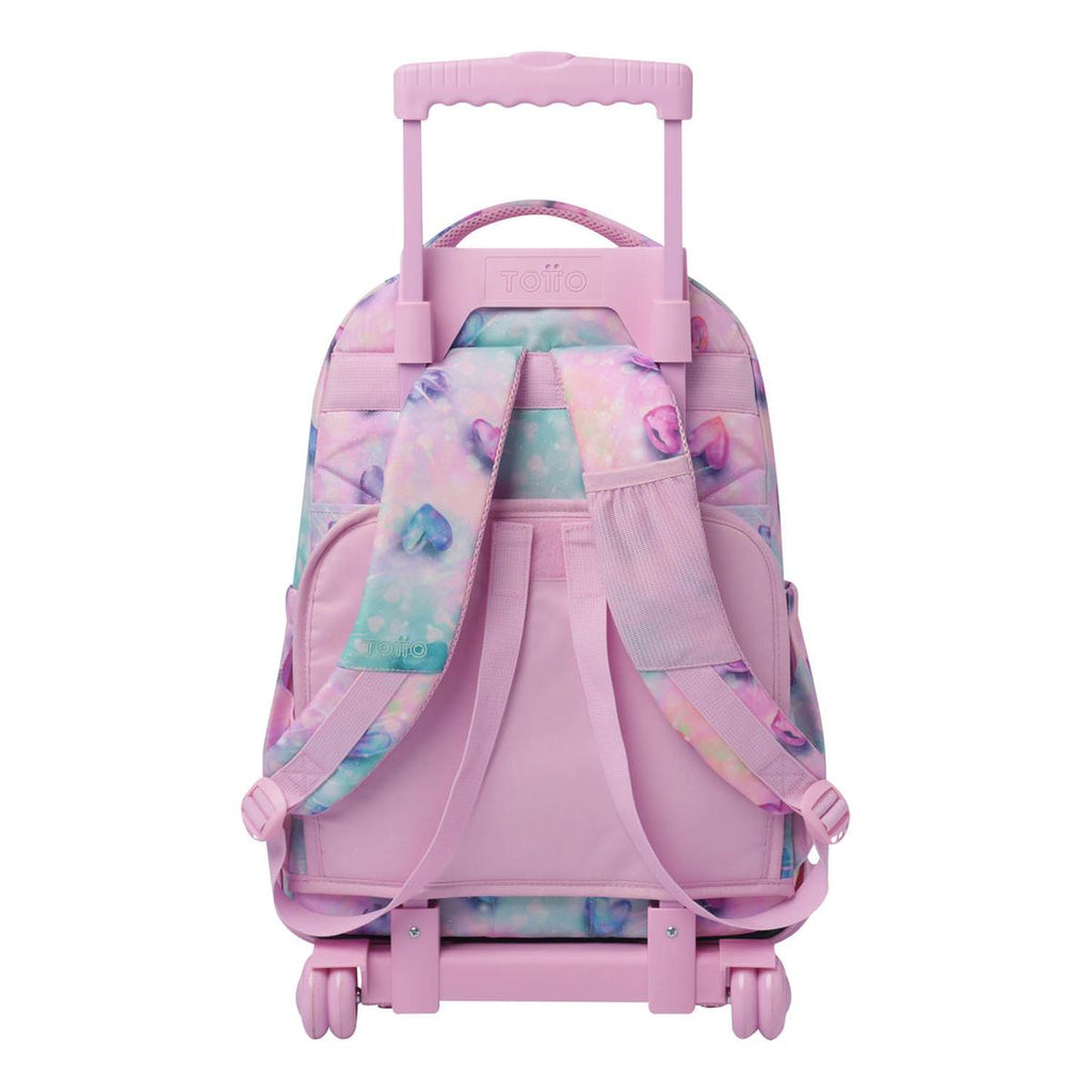 Mochila trolley Totto corazones rosa vista trasera con tirantes