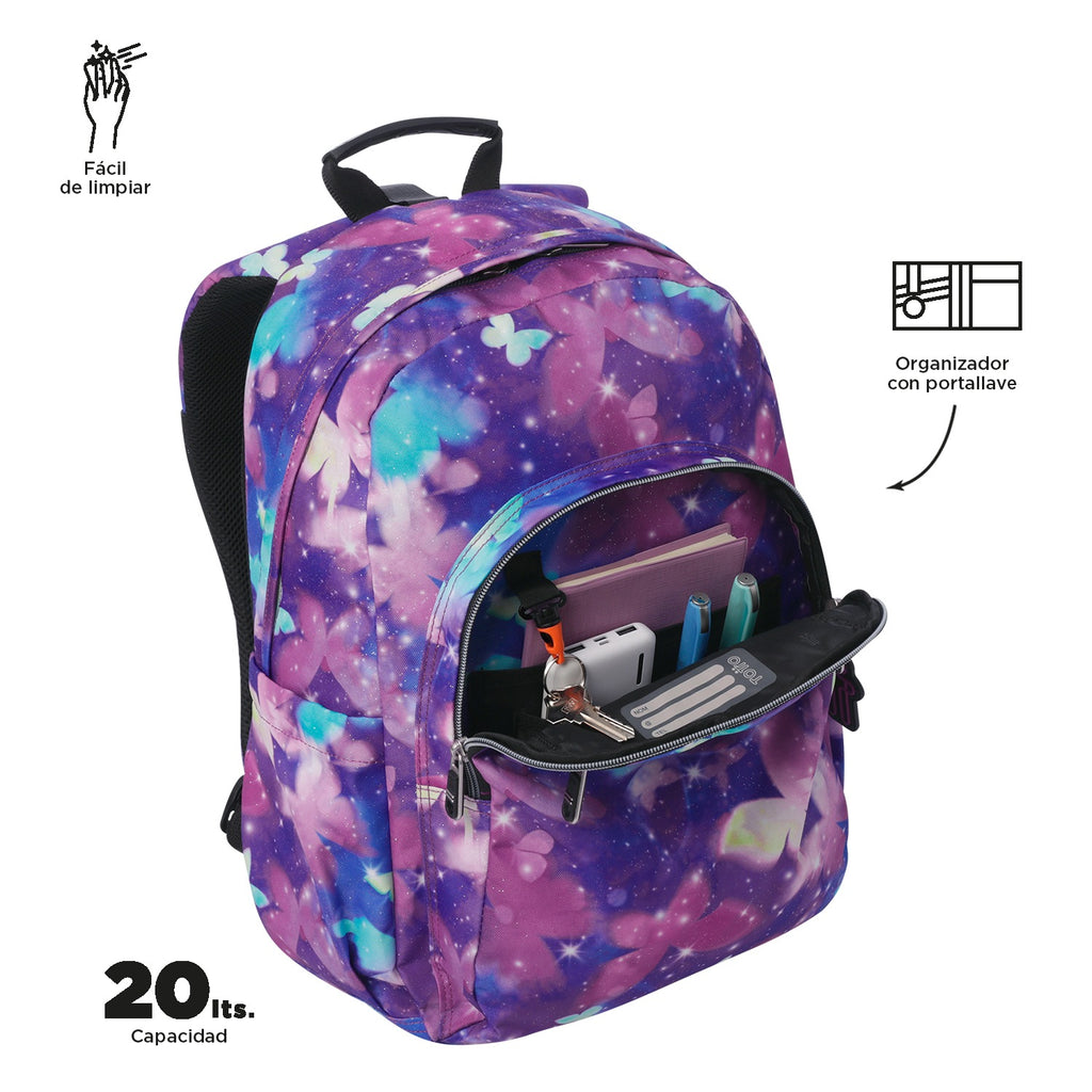 Mochila Escolar TOTTO Mariposas Galaxy - bolsillo frontal organizador con portallave