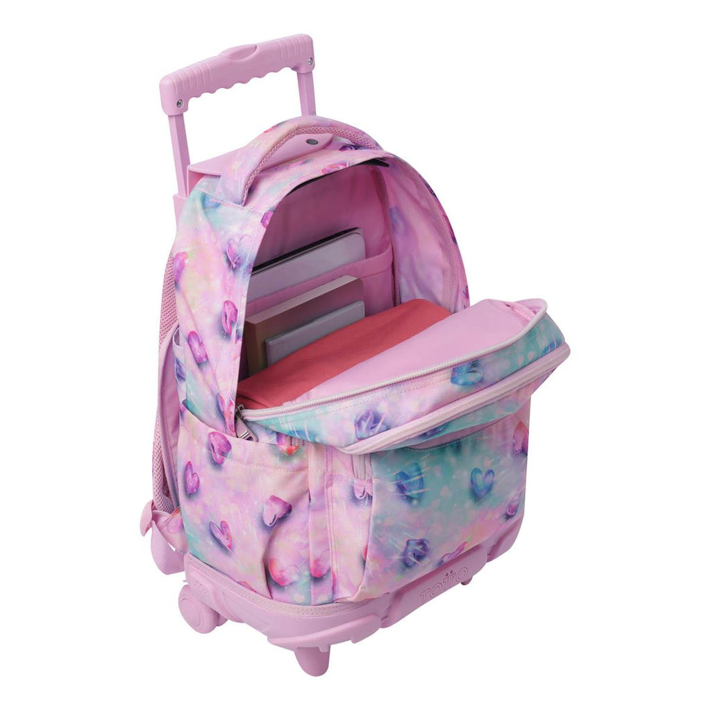 Mochila trolley Totto corazones rosa compartimento principal abierto