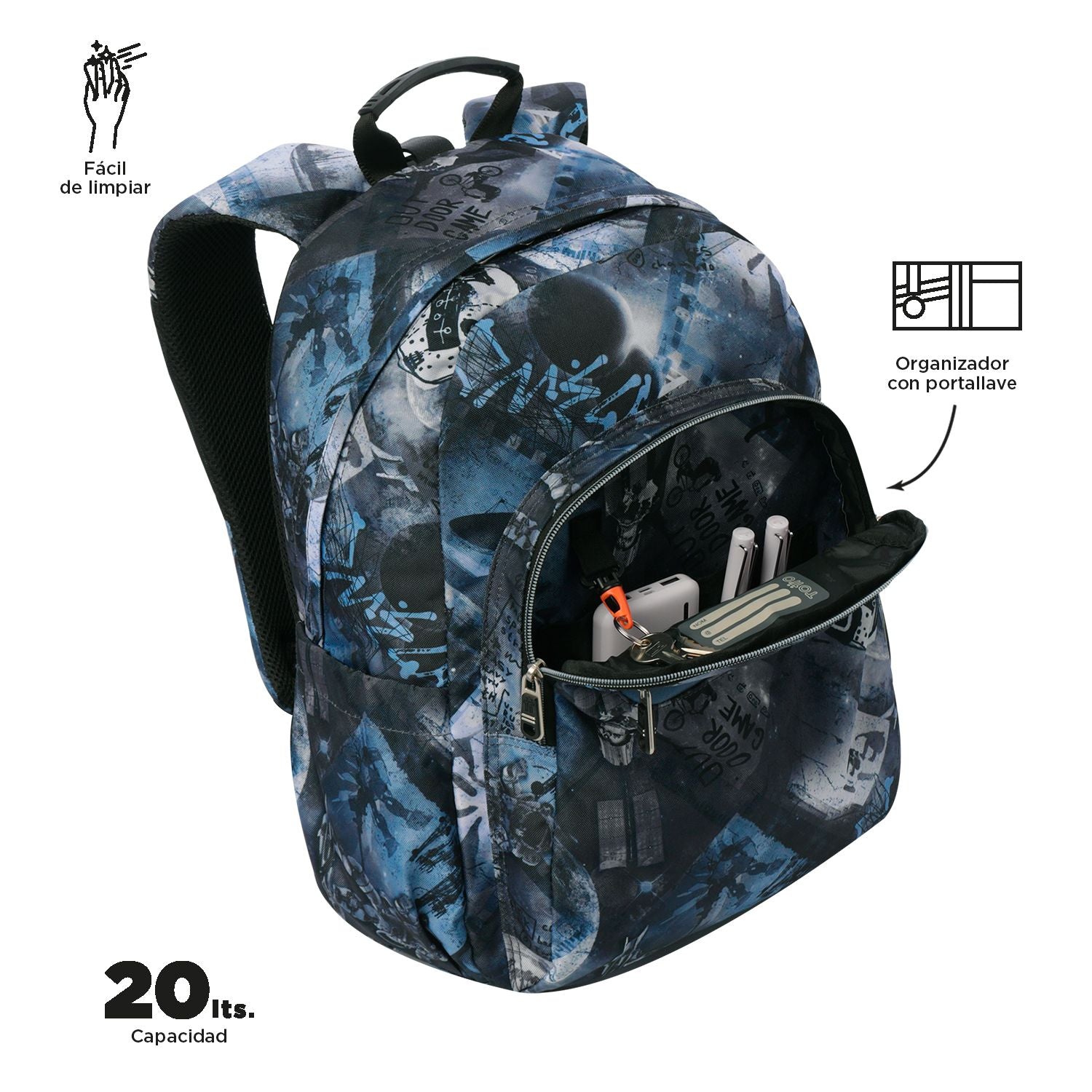 Mochila Totto Urban Graffiti interior abierto con organizador 20L