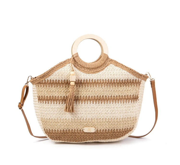 Bolso tote rafia bicolor crema camel con asa redonda de madera y borla