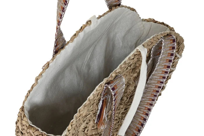 Bolso redondo de esparto - interior forrado en gris