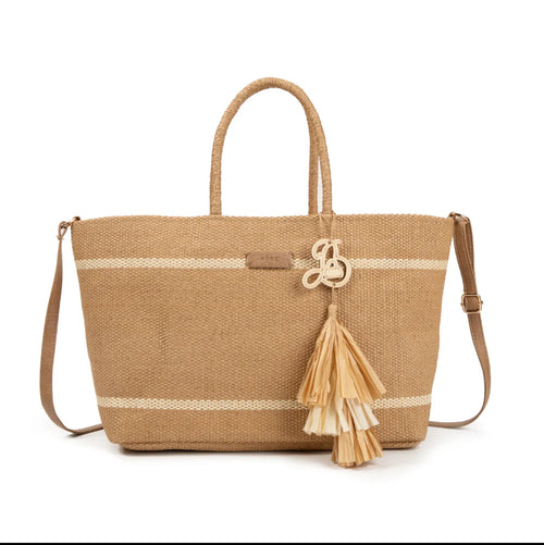 Bolso media luna rafia camel con asa redonda de madera