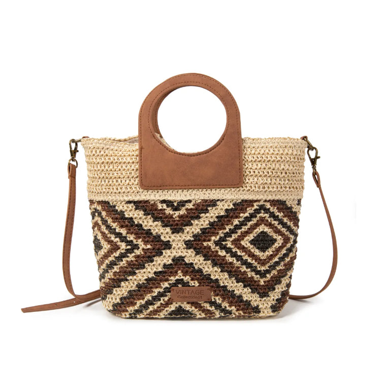 Bolso mini tote rafia bicolor rombos con asa redonda de madera y bandolera camel