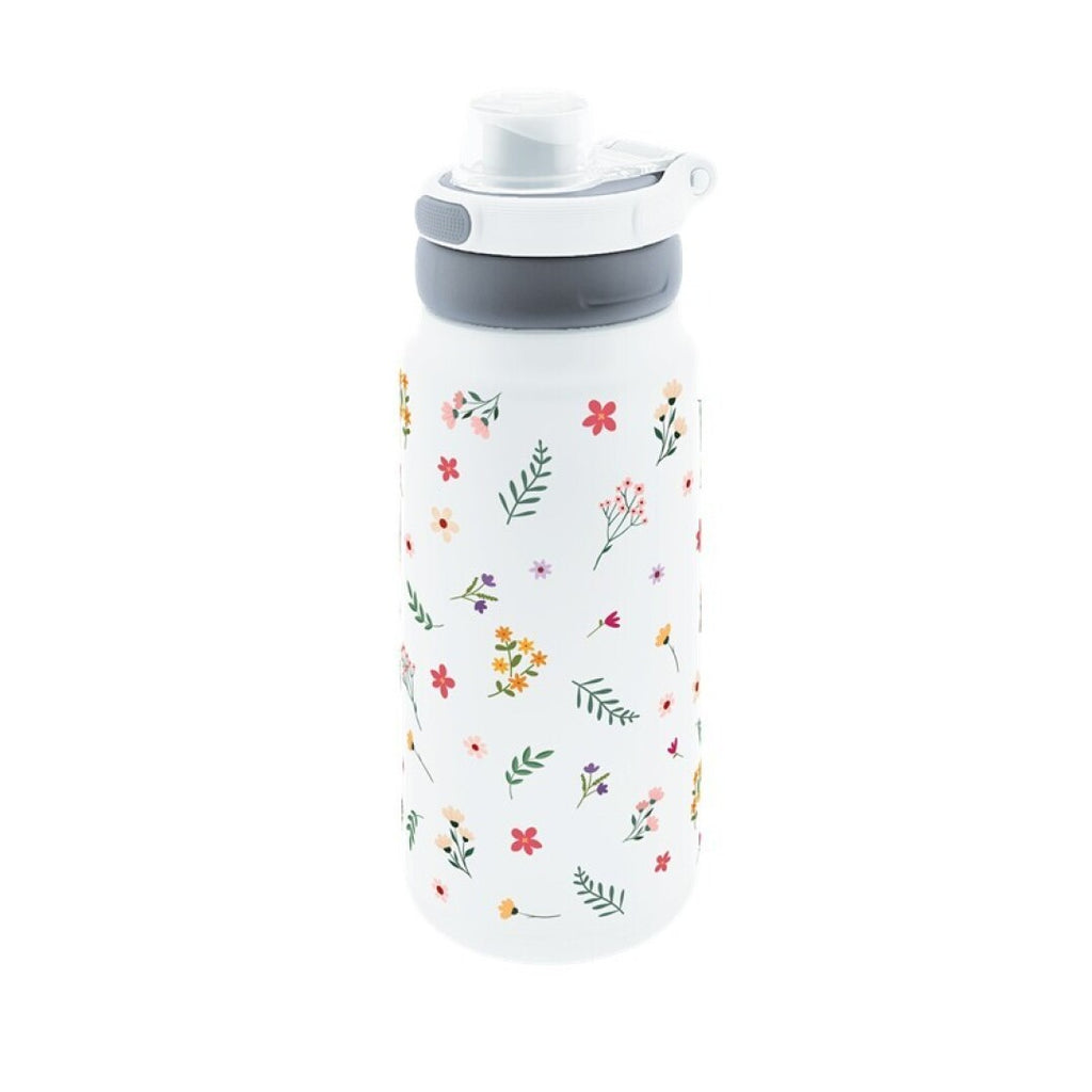 Botella flores silvestres blanca con tapón deportivo