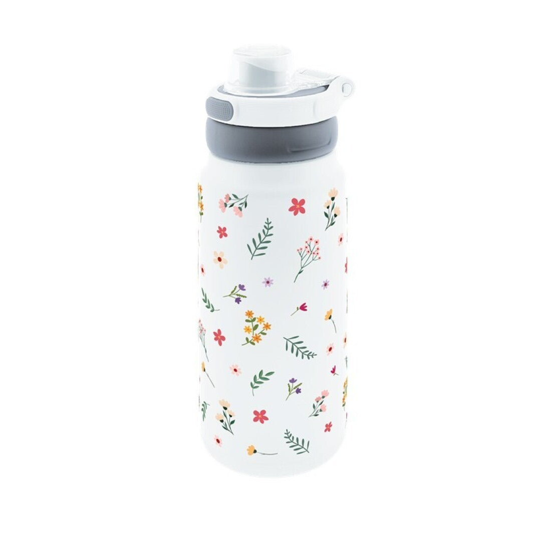 Botella flores silvestres blanca con tapón deportivo