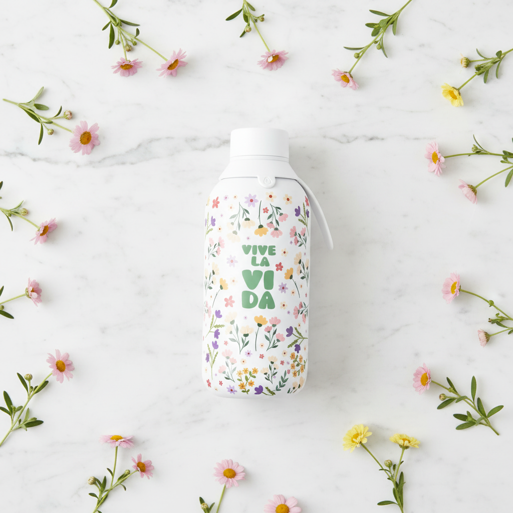 Botella Vive la Vida - flat lay mármol