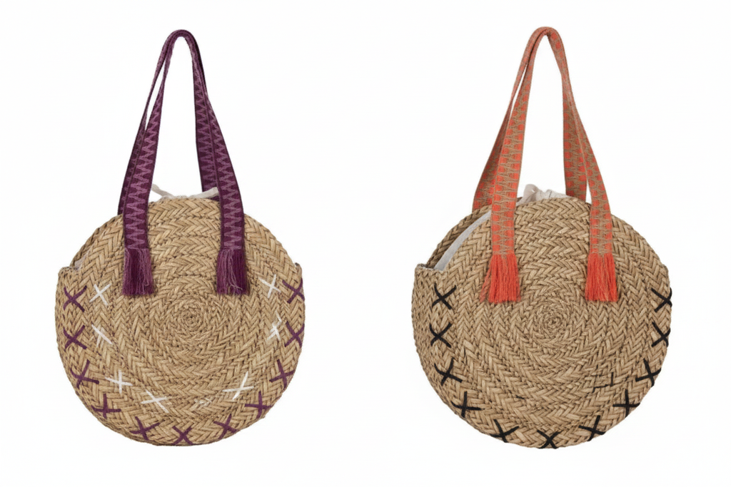 Bolso redondo de esparto - dos colores morado y naranja