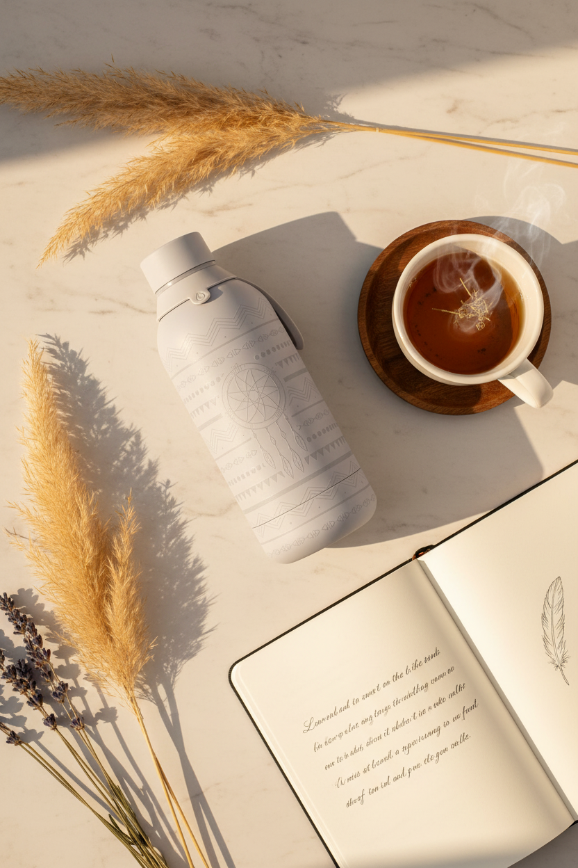Botella térmica boho gris - lifestyle con flores y libreta