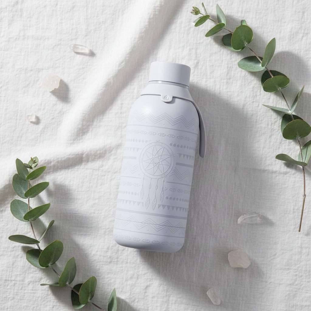 Botella térmica boho gris - flat lay con eucalipto