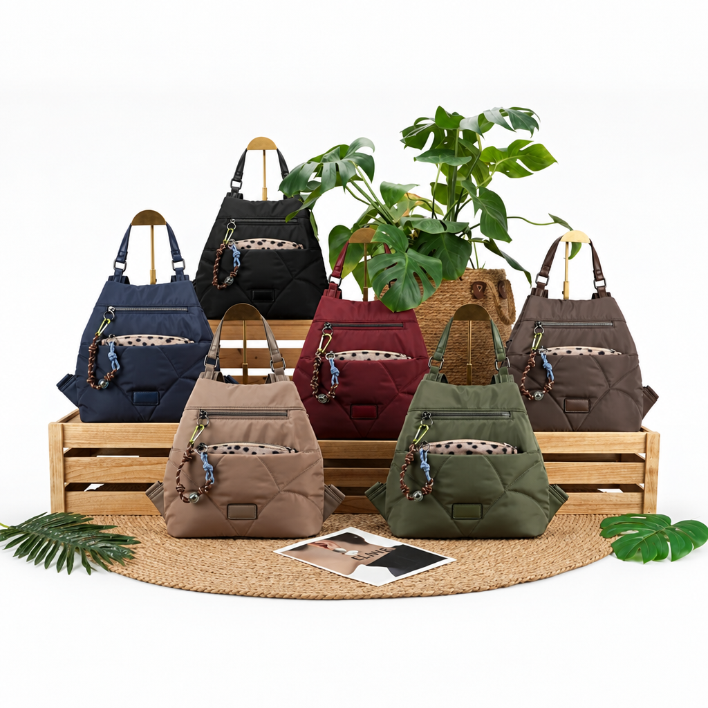 Mochilas de diseño acolchado en varios colores, imagen de catálogo sin texto
