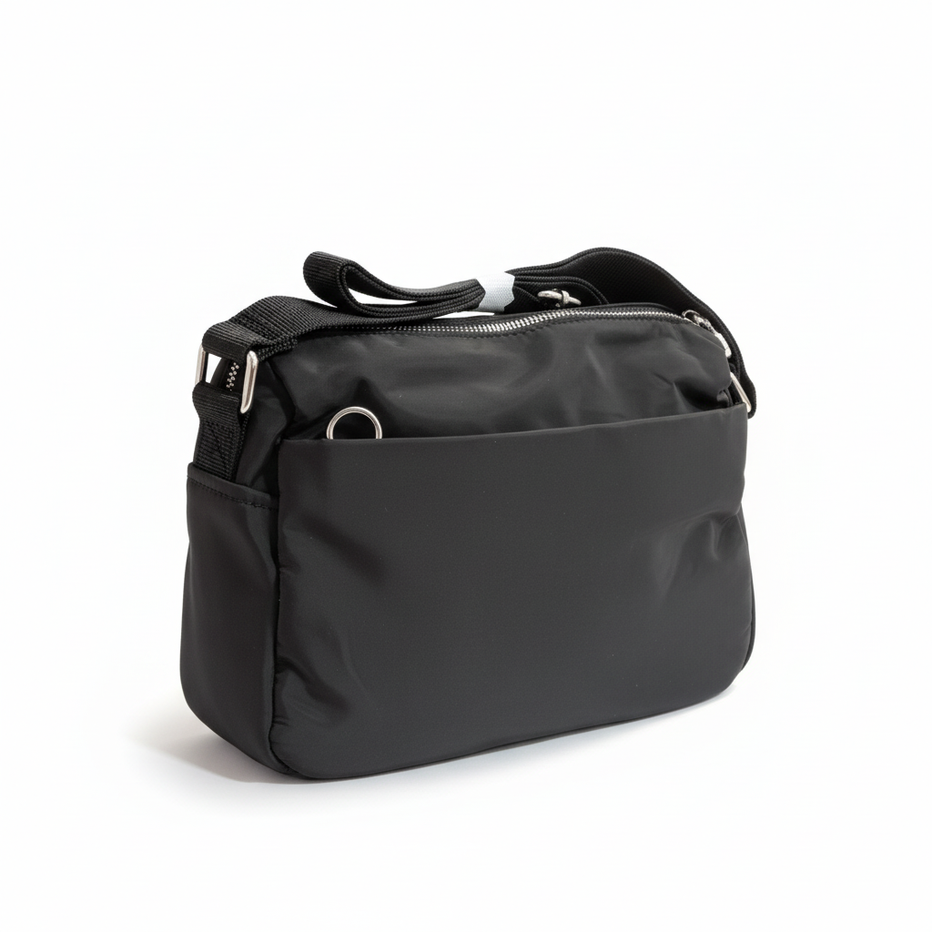 Bolso bandolera acolchado negro con ribete leopardo, vista frontal