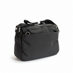 Bolso bandolera acolchado negro con ribete leopardo, vista frontal