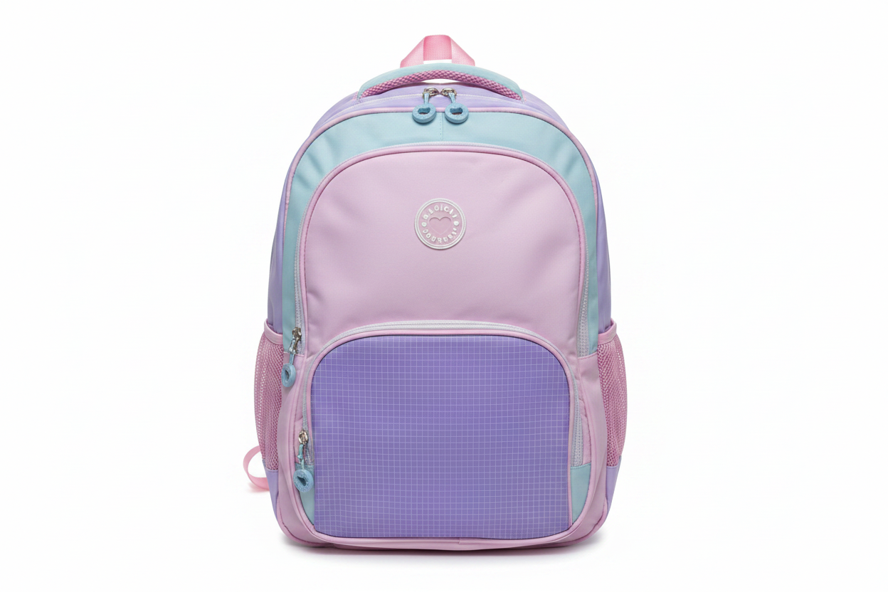 Mochila escolar lila fondo blanco
