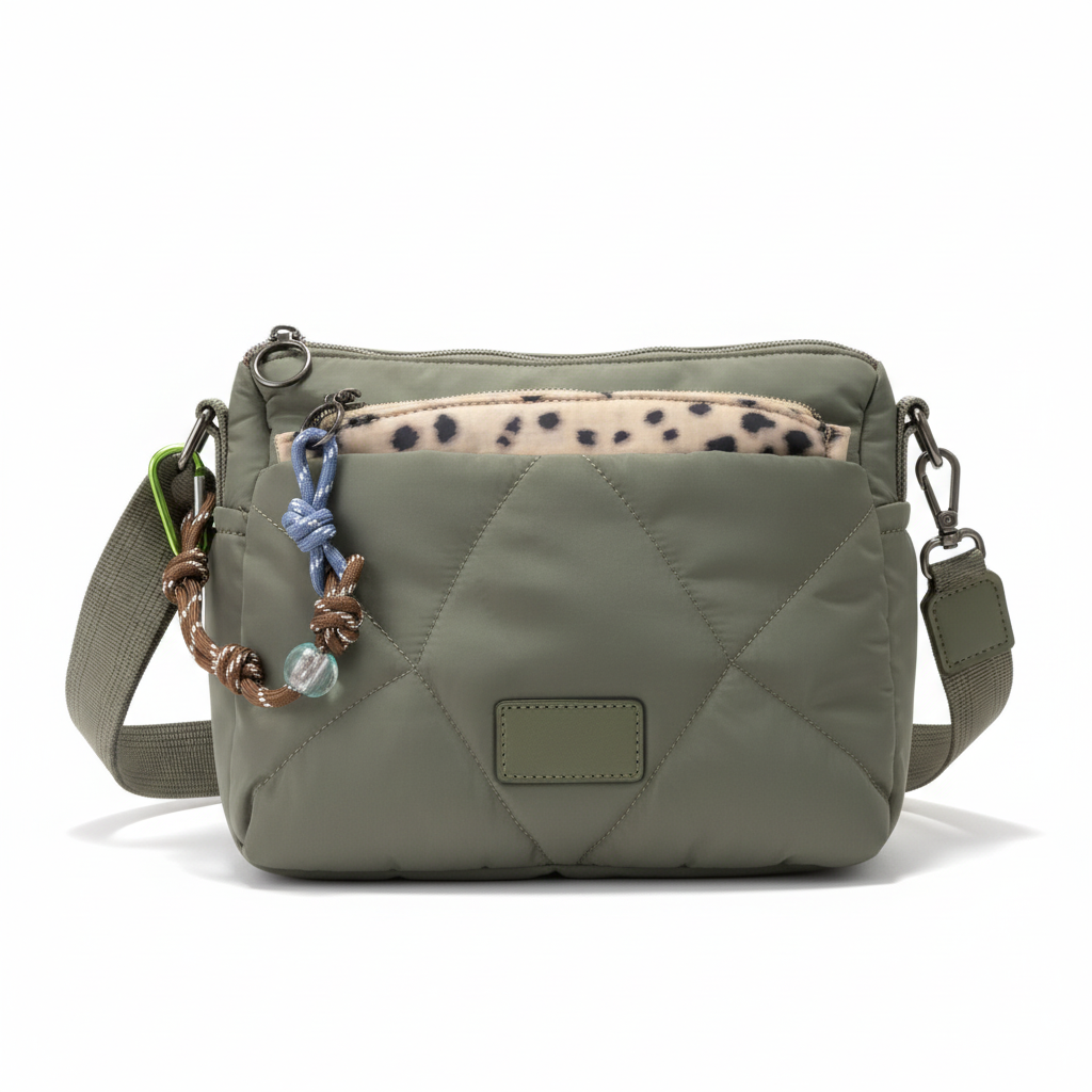 Bolso bandolera acolchado verde, vista frontal con forro estampado