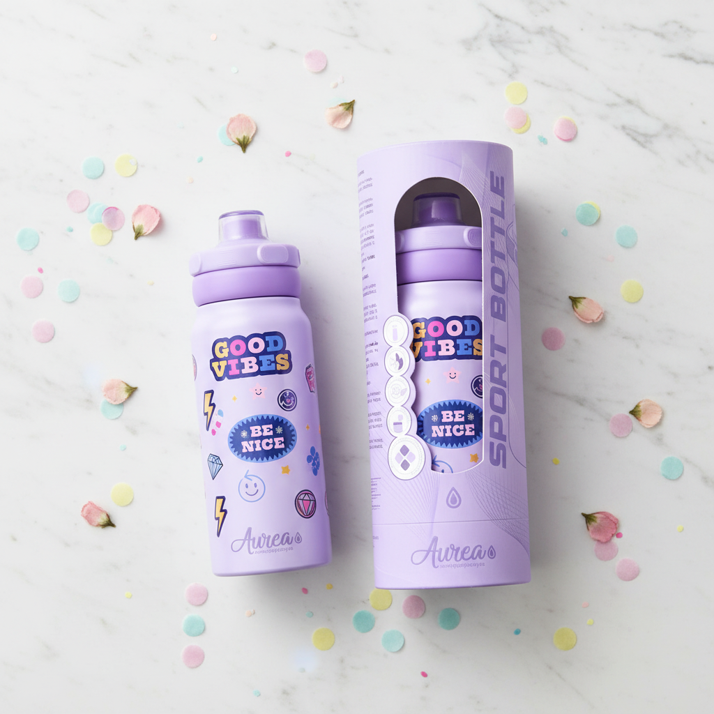Botella lila Lovely Story flat lay caja regalo