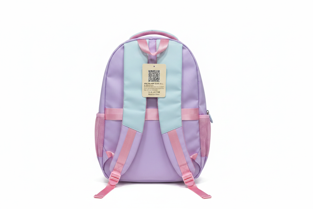Mochila escolar lila trasera fondo blanco