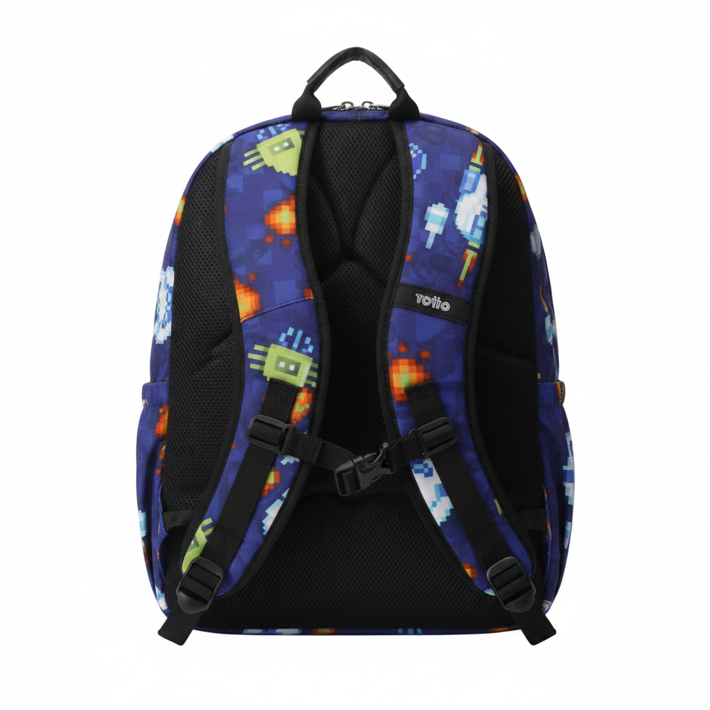 Mochila Totto Espacio Pixel vista trasera tirantes