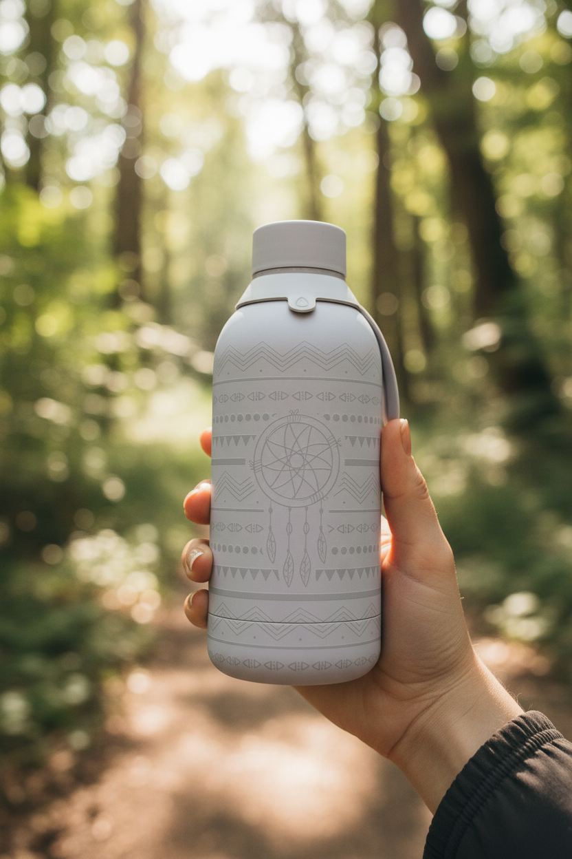 Botella térmica boho gris - lifestyle en exterior