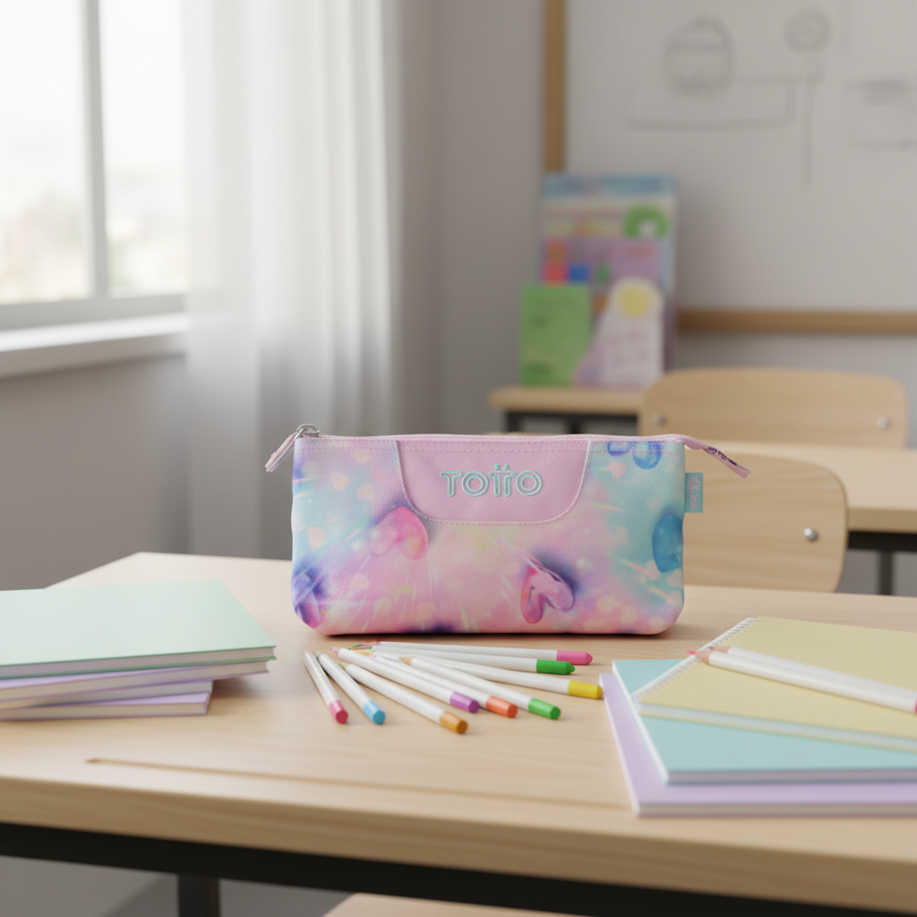 Estuche Toto Glitter lifestyle sobre escritorio escolar