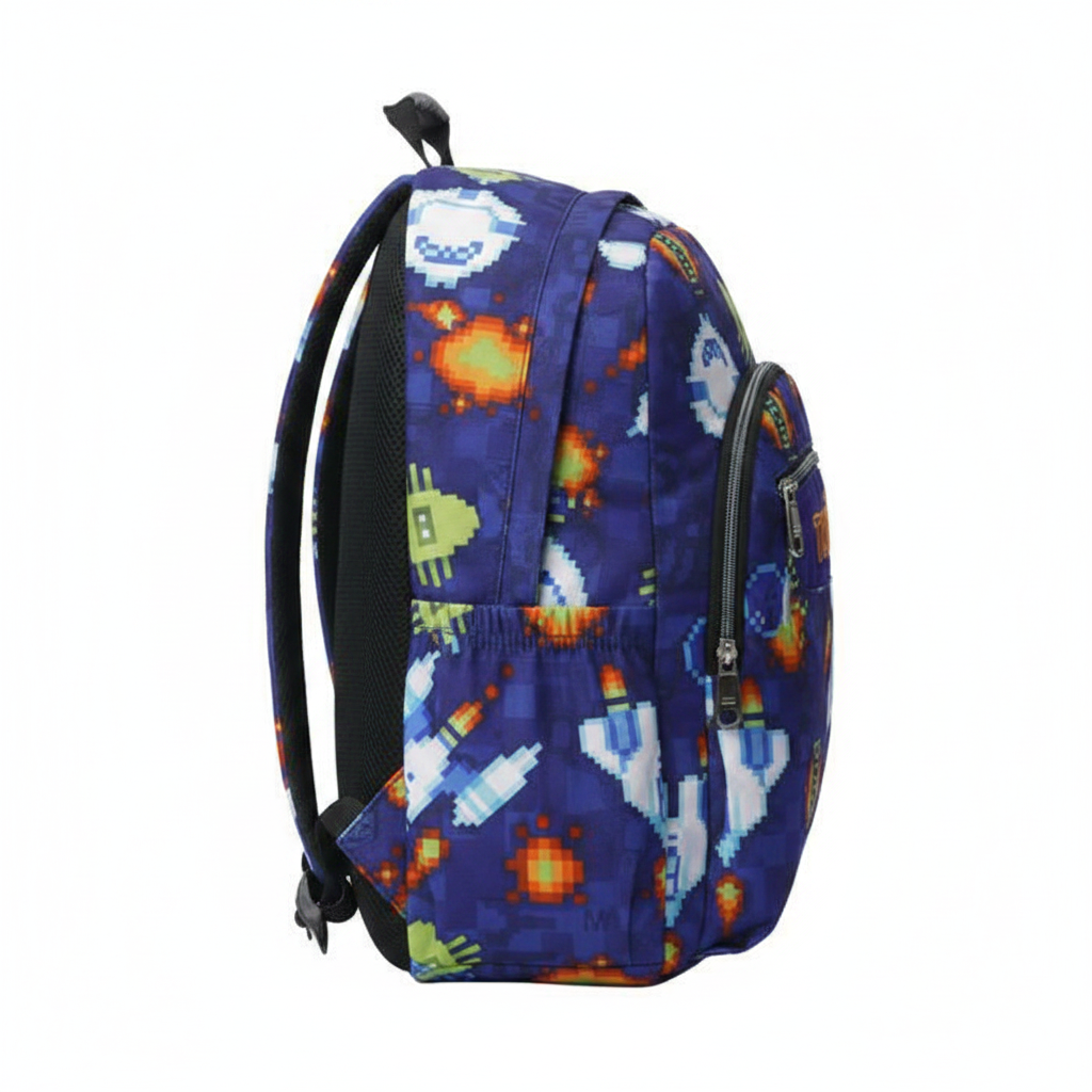 Mochila Totto Espacio Pixel vista lateral bolsillos
