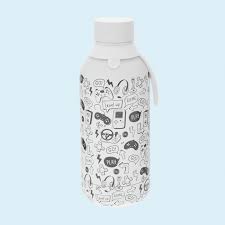 Botella de agua con diseño doodle gaming en blanco y negro