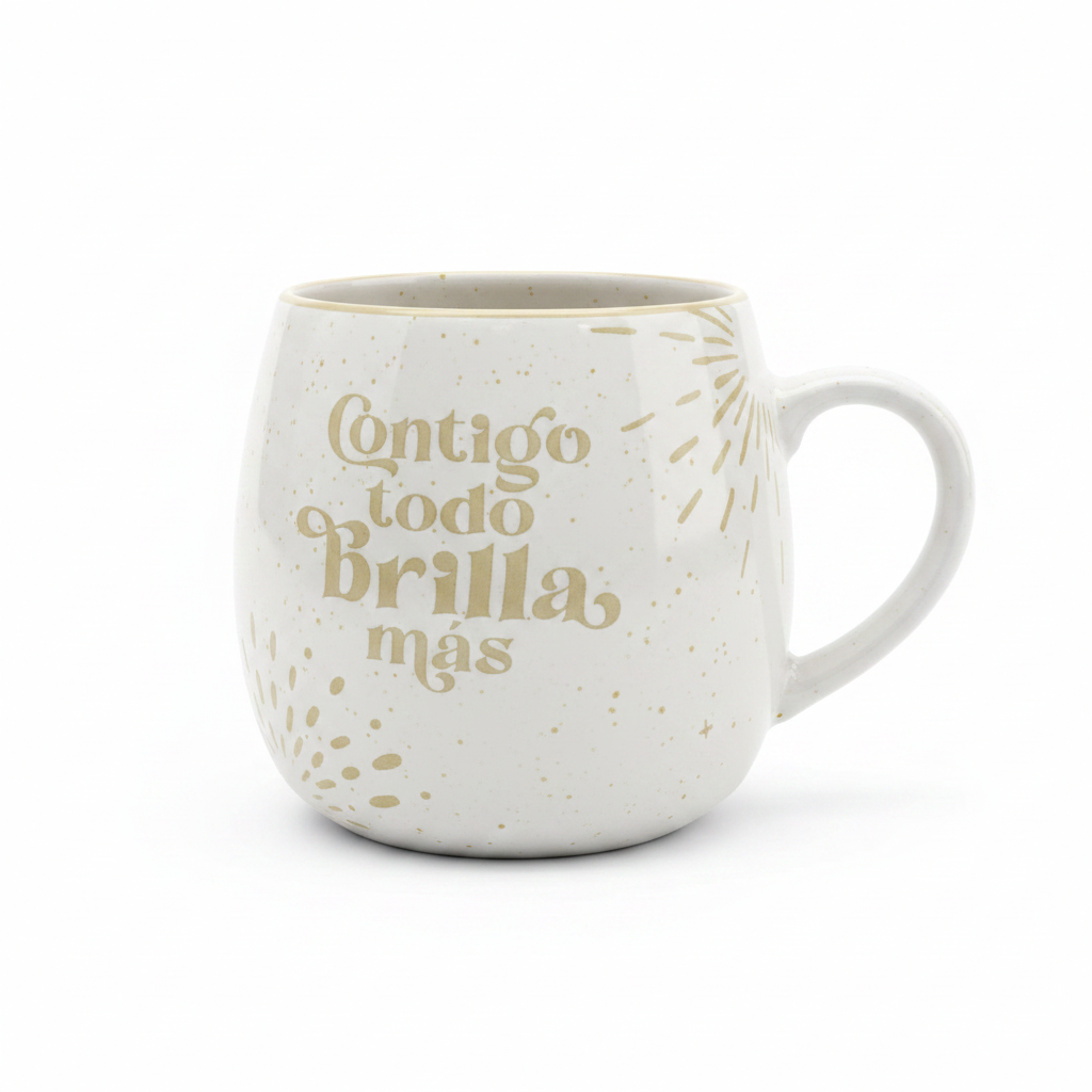 Taza Lovely Story Contigo todo brilla más speckled