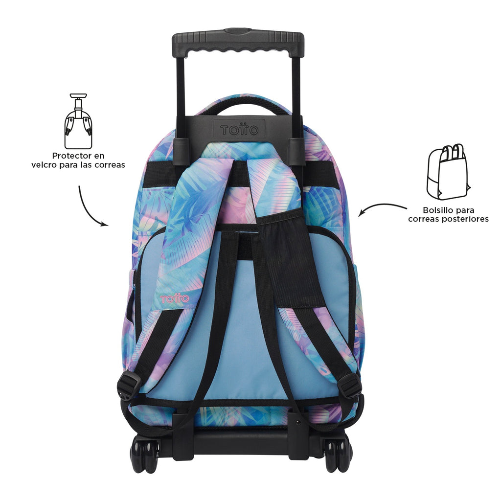 Mochila trolley Totto tropical tie-dye azul lila vista trasera con tirantes y ruedas