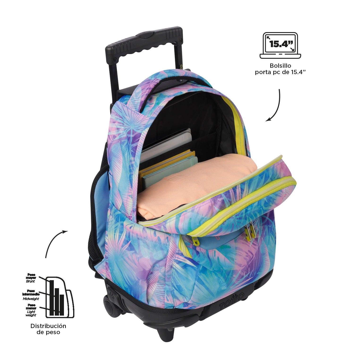 Mochila trolley Totto tropical tie-dye azul lila compartimento principal abierto con porta PC